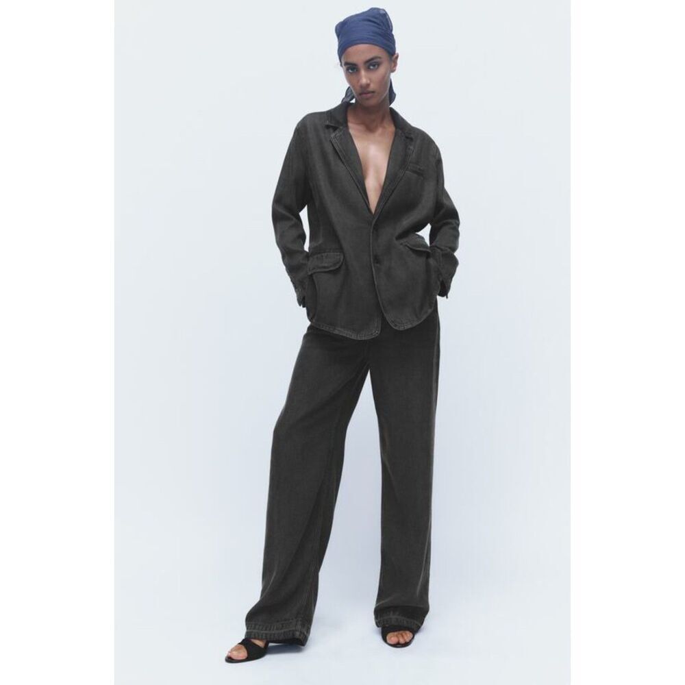 Black Denim ZARA 100% Lyocell Flowing Oversized Button Front Blazer Jacket (NWT)